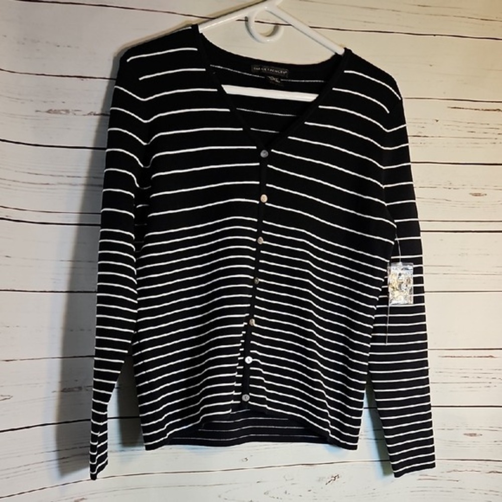 Sarah Spencer Black White Striped Cardigan Sweater Long Sleeve Top, size M
